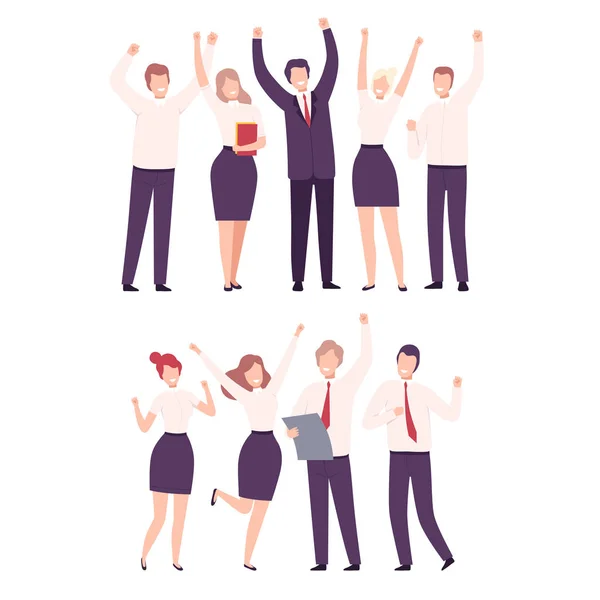 Business People Celebrating Victory Set, Office Team Achievements, Managers Characters Dressed in Formal Clothes Standing with Their Hands Up Flat Vector Illustration — Stockový vektor