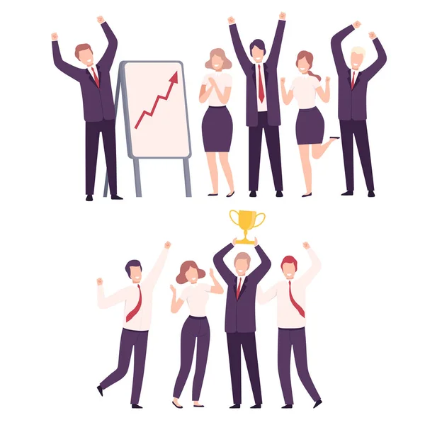 Business People Celebrating Victory Set, Office Team Achievements, Employees Characters Dressed in Formal Clothes Flat Vector Illustration — Stockový vektor