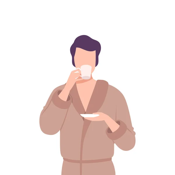 Young Man in Bathrobe Drinking Morning Coffee, Male Character Enjoying of Hot Drink Flat Vector Illustration — Stockvektor
