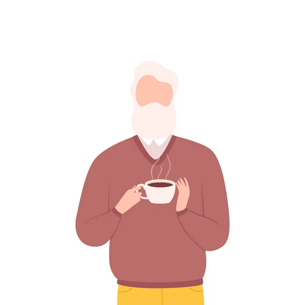 Hombre barbudo gris que bebe café, personaje masculino que disfruta de la ilustración plana del vector de la bebida caliente — Archivo Imágenes Vectoriales