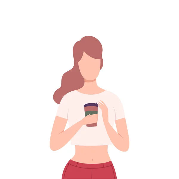 Beautiful Girl Drinking Coffee, Young Woman Character Holding Cup of Hot Drink Flat Vector Illustration — Stok Vektör