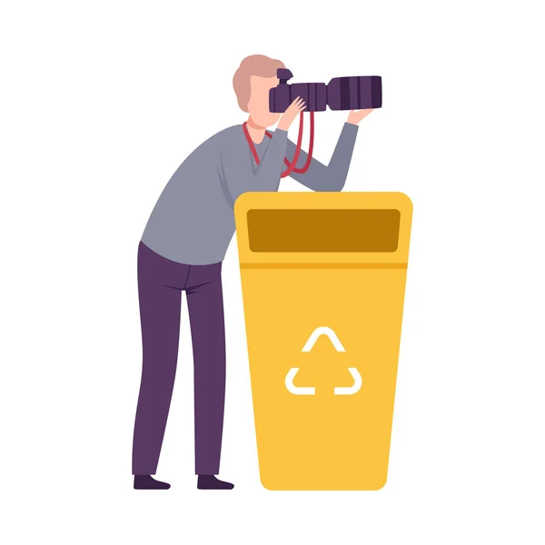 Paparazzi with Camera Sitting in Ambush, Male Photographer Hiding Behind Recycle Bin Flat Vector Illustration — Stock Vector