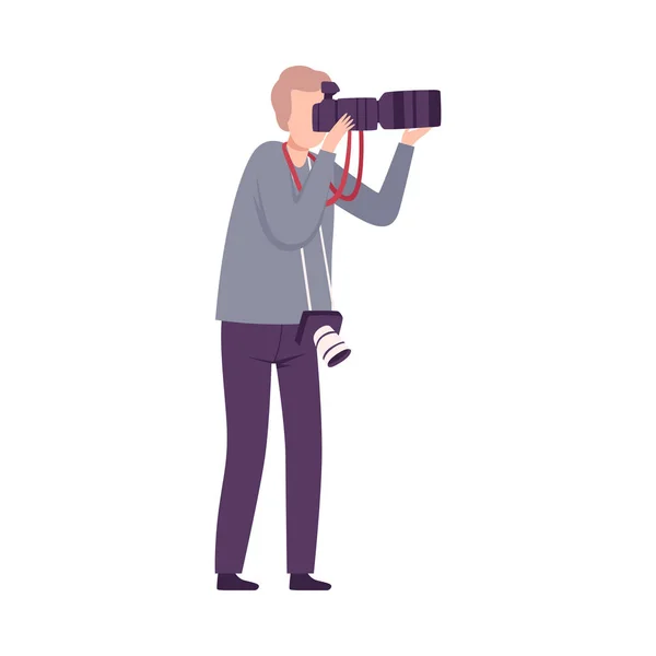 Male Photographer Taking Photo with Digital Camera, Paparazzi Character Flat Vector Illustration — Wektor stockowy