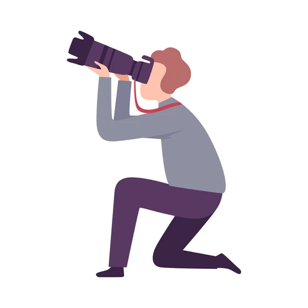 Male Photographer Taking Photo Using Digital Camera, Paparazzi or Operator Character Flat Vector Illustration — стоковий вектор