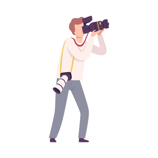 Photographer Taking Photo with Digital Equipment, Male Paparazzi, Journalist Character Flat Vector Illustration — ストックベクタ