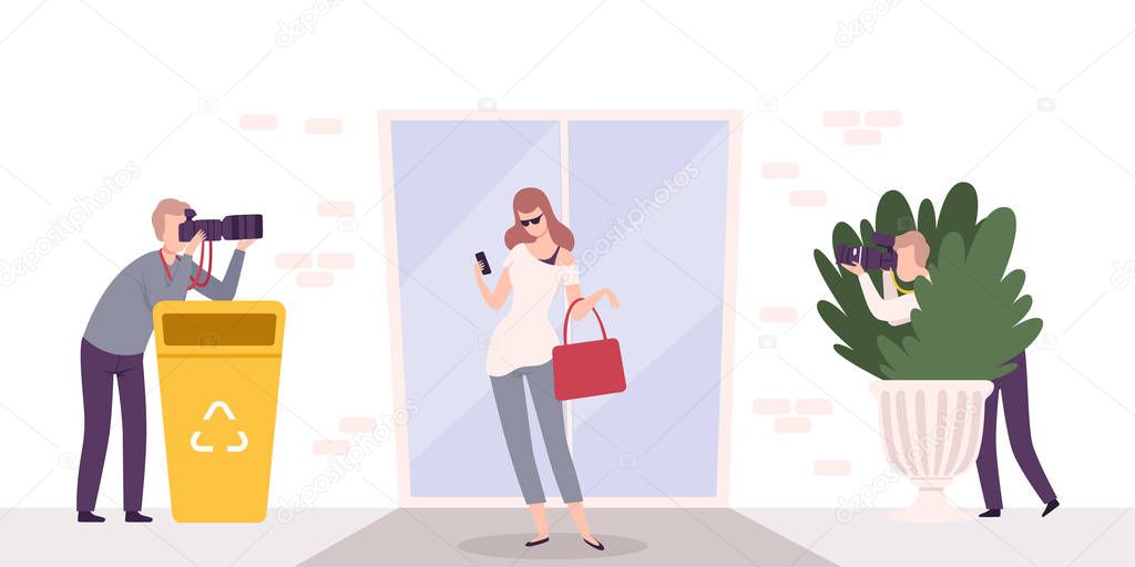 Paparazzi with Cameras Photographing Famous Elegant Beautiful Woman Flat Vector Illustration