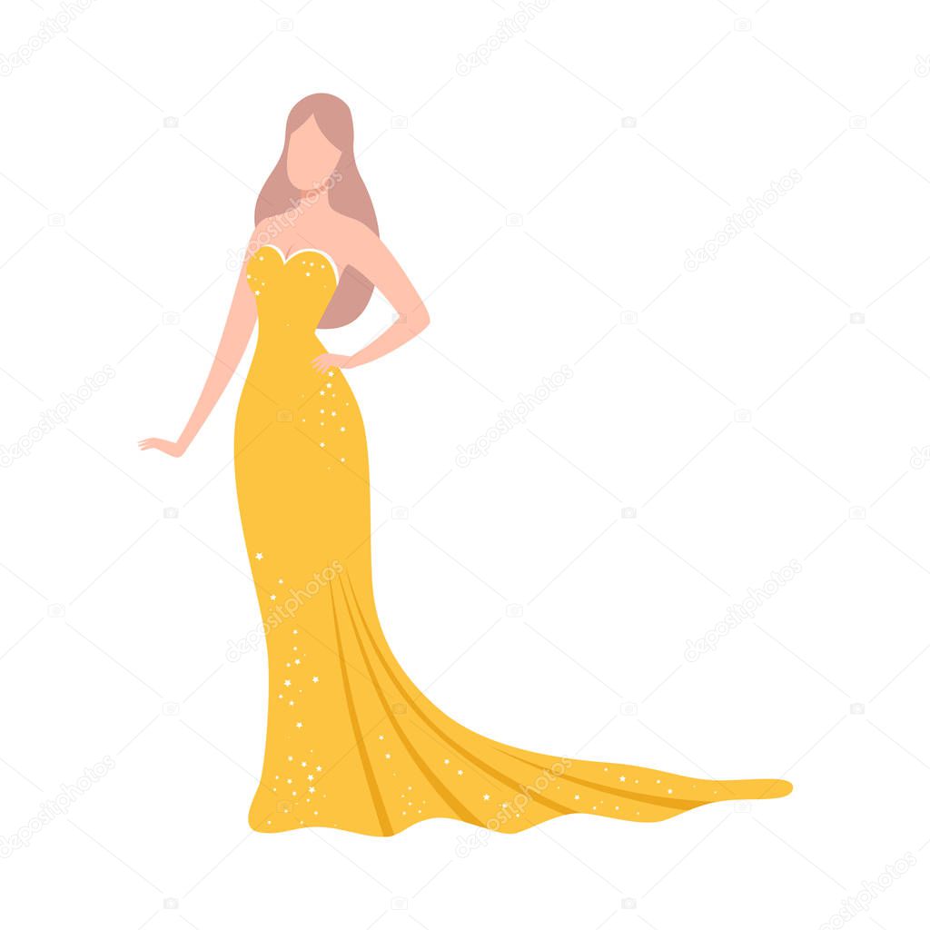 Beautiful Woman in Festive Yellow Dress, Elegant Female Celebrity Character Flat Vector Illustration