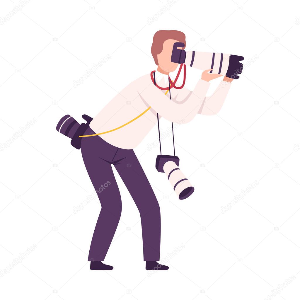 Male Photographer Character Taking Photo Using Digital Camera Flat Vector Illustration