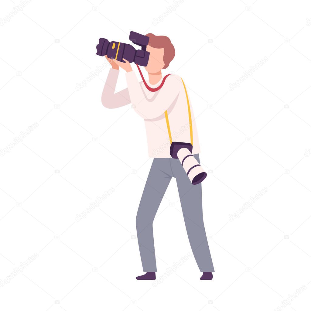 Male Photographer or Paparazzi Character Taking Photo Using Digital Camera Flat Vector Illustration