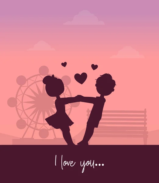 男孩和女孩手牵手在日落公园的背景下，孩子们之间的友谊和爱，情人节快乐的象征 — 图库矢量图片