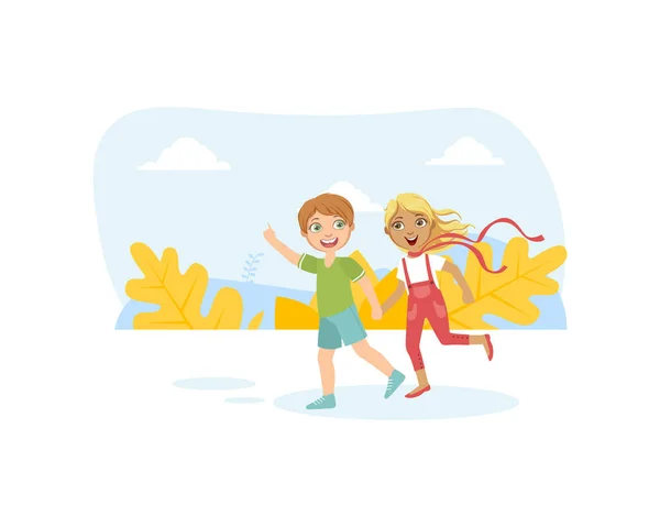 Χαριτωμένο αγόρι και κορίτσι τρέχει κρατώντας τα χέρια, τη φιλία και την αγάπη μεταξύ των παιδιών, ευτυχισμένη Ημέρα του Αγίου Βαλεντίνου Διάνυσμα εικονογράφηση — Διανυσματικό Αρχείο