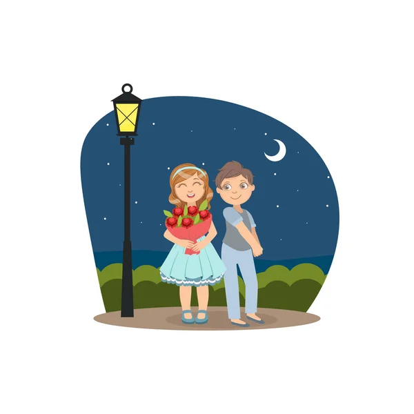 Happy Boy and Girl Walking in the Park at Night Under the Moon, Friendship and Love between Kids, Happy Valentine Day Vector — стоковый вектор