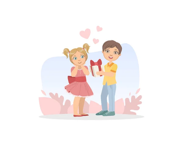 Jolie boîte cadeau pour fille souriante, amitié et amour entre enfants, illustration vectorielle de la Saint-Valentin — Image vectorielle