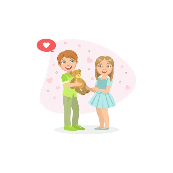 Leuke jongen en meisje, lachende jongen vasthouden teddybeer, vriendschap en liefde tussen kinderen, gelukkige Valentijnsdag Vector illustratie — Stockvector