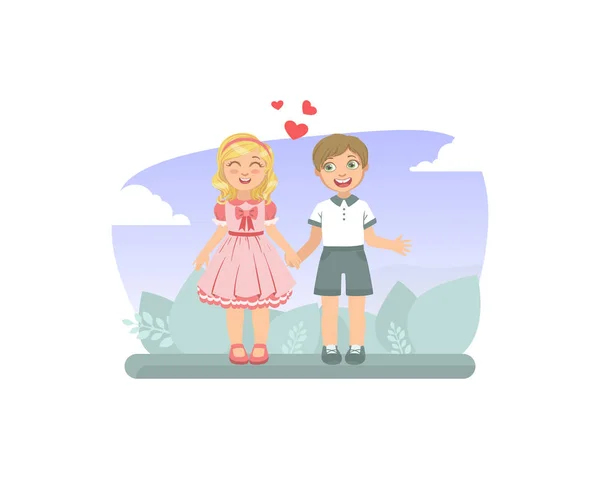Симпатичные мальчик и девочка, держащиеся за руки, дружба и любовь между детьми, вектор счастливого Дня Святого Валентина — стоковый вектор