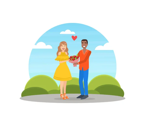 Jonge man geeft boeket van bloemen aan gelukkig meisje, liefdevol paar op romantische date vector illustratie — Stockvector