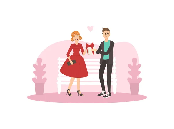Jongeman Gift Box geven aan glimlachend meisje, gelukkig liefhebbend paar op romantische date vector illustratie — Stockvector