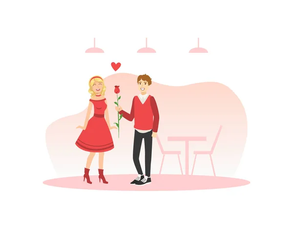 Молодий чоловік дарує квітку коханій дівчині, щаслива закохана пара на романтичне побачення Векторні ілюстрації — стоковий вектор