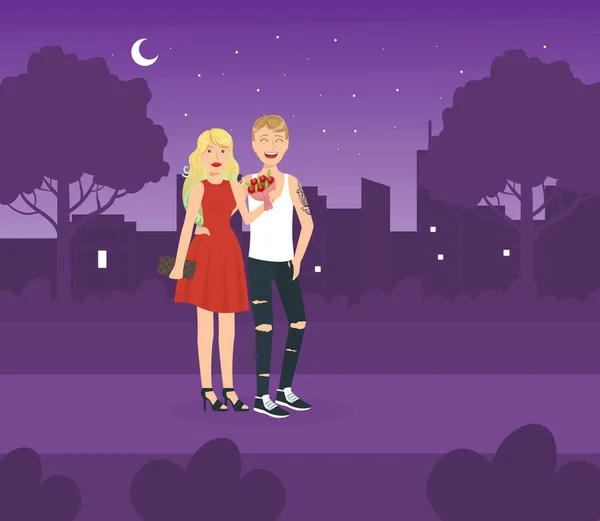 Verliebtes Paar beim Date in der Nacht, glückliches Liebespaar beim romantischen Date Vektor Illustration — Stockvektor