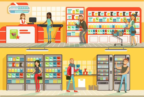 Compras alegres de la gente en el sistema del supermercado, clientes masculinos y femeninos que compran productos alimenticios en la tienda Ilustración plana del vector — Archivo Imágenes Vectoriales