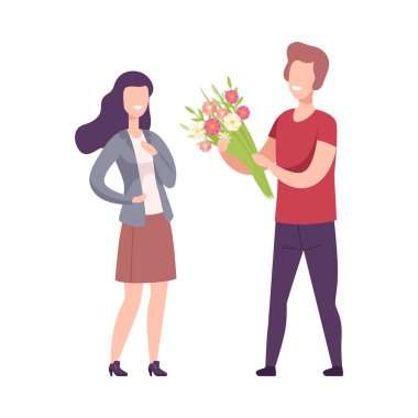 Aşık Romantik Çift, Erkek Esmer Kadın Düz Vektör İllüzyonuna Çiçek Veriyor