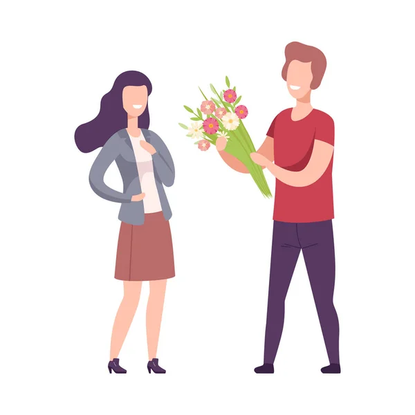 Romantisch paar in de liefde, Man geven boeket van bloemen aan Brunette vrouw platte vector illustratie — Stockvector
