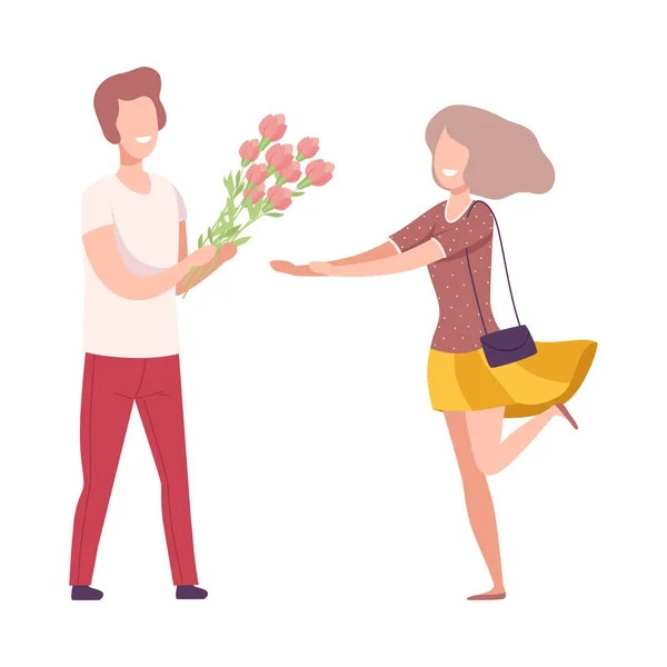 Pareja romántica enamorada, joven dando ramo de flores a la bella mujer feliz Vector plano Ilustración — Archivo Imágenes Vectoriales