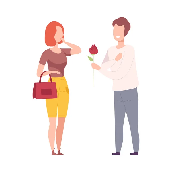 Романтична пара в коханні, чоловік дарує квітку щасливій здивованій жінці плоскі векторні ілюстрації — стоковий вектор