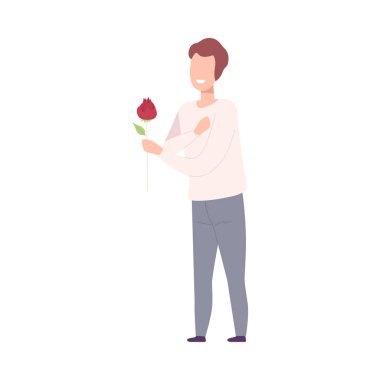 Gülümseyen Romantik Genç Adam Kırmızı Çiçek Düz Vektör Resmini Tutuyor