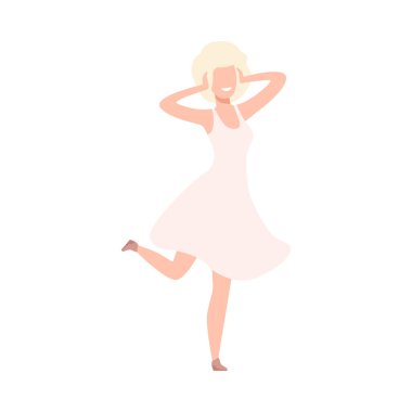 Güzel Gülümseyen Kadın, Mutlu Sarışın Kız Karakteri Beyaz Elbiseli Düz Vektör İllüzyonu