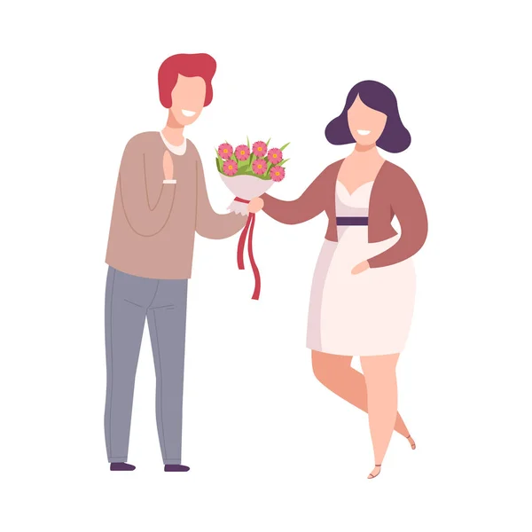 Mann schenkt Blumenstrauß an Frau, Romantisches verliebtes Paar auf Datum, Feiertagsgratulation Flache Vektorillustration — Stockvektor