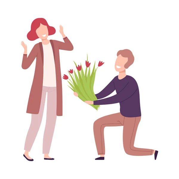 Muž pokleknout dává kytice květin krásné mladé ženě, romantický pár v lásce na rande, manželství návrh ploché vektorové ilustrace — Stockový vektor
