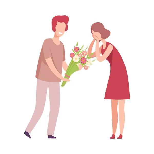 Ramo de flores para una hermosa mujer sorprendida, pareja romántica enamorada en la fecha, felicitaciones de vacaciones Vector plano Ilustración — Archivo Imágenes Vectoriales