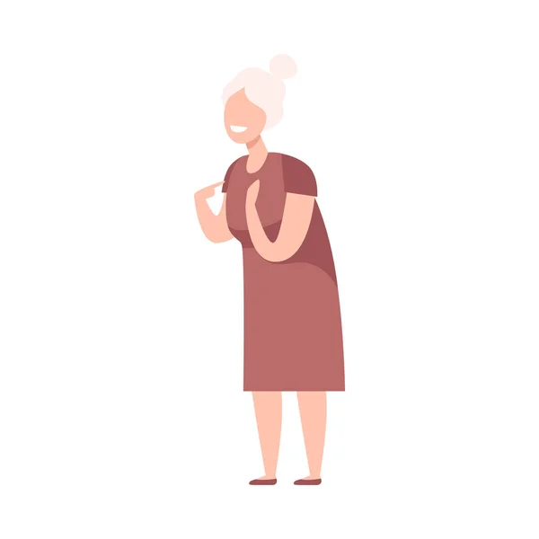 Uśmiechnięta starsza kobieta znak stojący i Gesturing płaski wektor ilustracji — Wektor stockowy