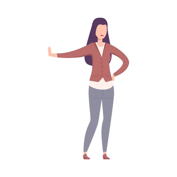 Jonge vrouw toont stoppen met gebaren, aantrekkelijk Brunette meisje karakter dragen casual stijlvolle kleding platte vector illustratie — Stockvector