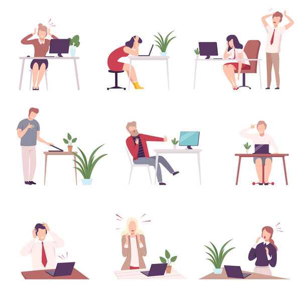 People Looking Scared into Computer Screen Set, Young Men and Women Sitting at the Desk Working PC Flat Vector Illustration