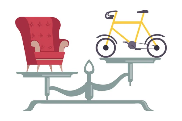 Sillón está en un lado de la escala, Bicicleta en el otro, Escalas con malos y buenos hábitos, la elección entre el estilo de vida saludable y poco saludable plana Vector Ilustración — Archivo Imágenes Vectoriales