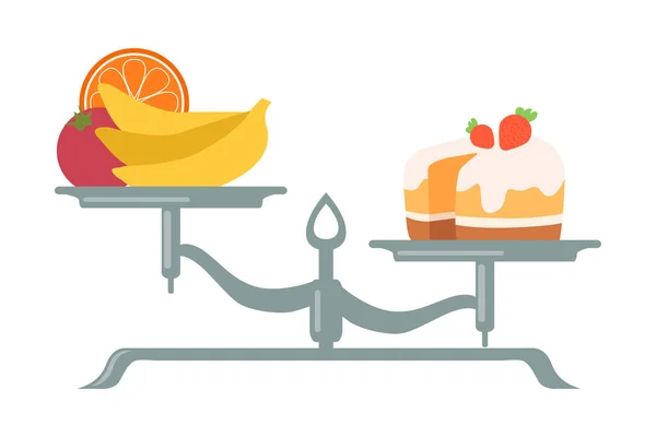 Frutas e legumes frescos estão em um lado da escala, sobremesa doce no outro, escalas com maus e bons hábitos, escolhendo entre estilo de vida saudável e não saudável ilustração vetorial plana —  Vetores de Stock