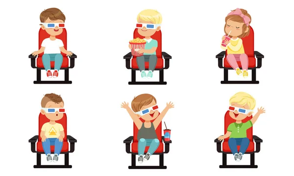 Cute Kids Watching Movie with 3D Glasses While Eating Popcorn and Drinking Soda Drink, Boys and Girls Sitting in the Cinema Vector Illustration on White Background Stok Vektor Bebas Royalti