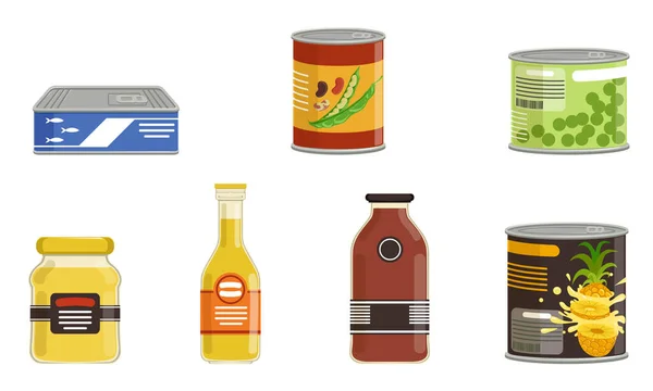 Collection d'aliments en conserve, conserves dans des boîtes scellées et des bocaux Illustration vectorielle isolée sur fond blanc — Image vectorielle