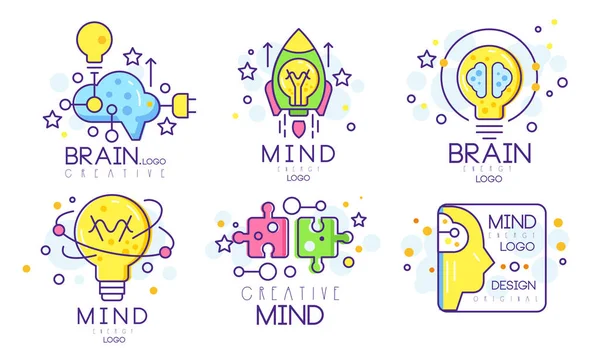 Mind Energy Original Logo Design Templates Collection, Creative Brain Vector Illustration on White Background - Stok Vektor