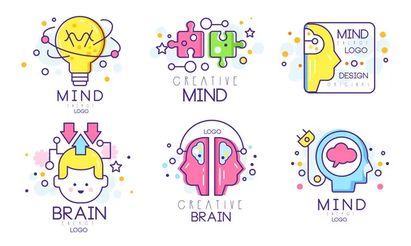 Creative Brain Original Logo Design Templates Collection, Mind Energy Colorful Badges Vector Illustration on White Background - Stok Vektor