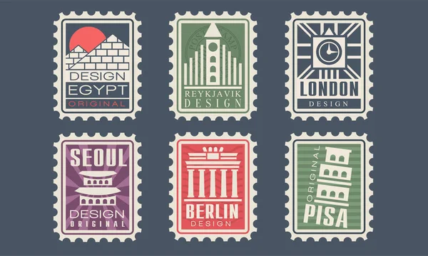 Kolekcja znaczków miejskich z różnych krajów z zabytkami architektonicznymi, Egipt, Reykjavik, Londyn, Seul, Berlin, Piza Vector Ilustracja — Wektor stockowy