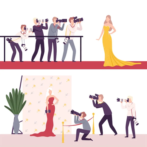Celebrities Posing to Paparazzi Set, Photographers with Cameras Photographing at Movie Festival, Premiere, Ceremony Show, Party for Famous People Flat Vector Illustration — Stock Vector