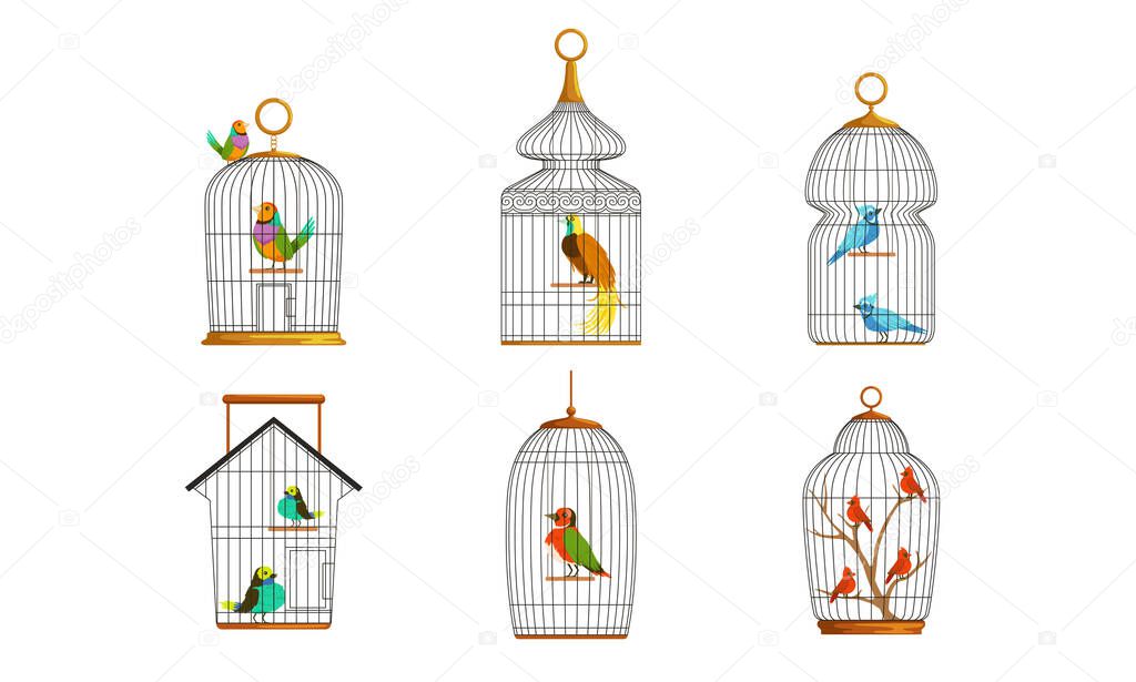 Exotic Birds in Iron Cages Collection, Cute Colorful Birdies Vector Illustration on White Background