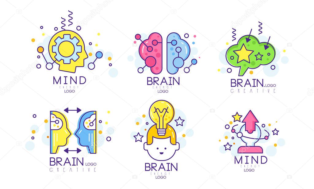 Creative Brain, Mind Energy Original Logo Design Templates Collection Vector Illustration Isolated on White Background.