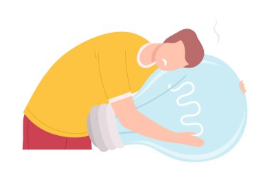 İş Adamı Karakterinin Hiçbir Fikri Yok, Depresyona girmiş, Stres Altında, Büyük Ampul Vektörüne Sarılmak