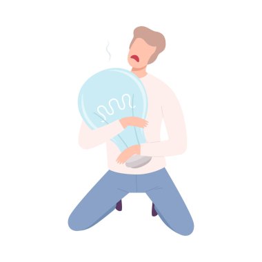 Depresyondaki Adam Karakterinin Hiçbir Fikri Yok, Başarısız Kişinin Ampul Düz Vektör İllüzyonunu Kapatması