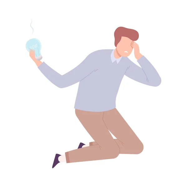 Depressed Businessman Character Having No Idea, Unsuccessful Man Holding Off Light Bulb Flat Vector Illustration — Stock Vector