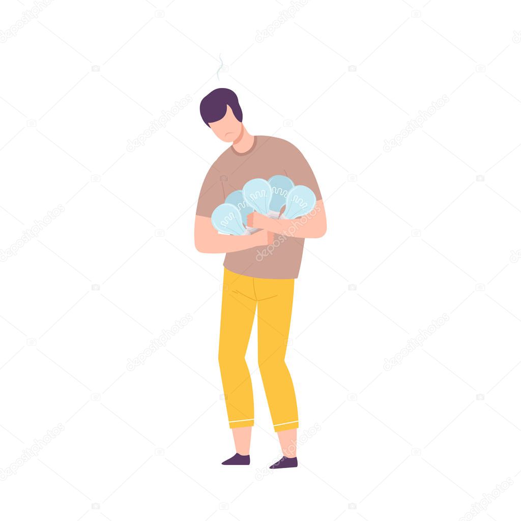 Depressed Businessman Character Having No Ideas, Unsuccessful Person Holding Off Light Bulbs Flat Vector Illustration